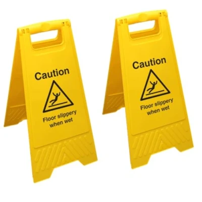 Image of V Safety Caution Floor Slippery When Wet Yellow Double Sided Sign Pack of 2