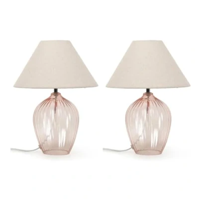 Image of Pair of Blush Pink Glass Base Table Lamp with Fabric Tapered Lampshade Living Room Bedroom Bedside Light