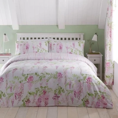 Image of Dreams &amp; Drapes Pink Floral Wisteria Duvet Cover Double Bedding Size (200 x 200cm) Reversible Design (Purple Stripe) Easy Care Washable Flower in
