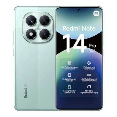 Image of Xiaomi Redmi Note 14 pro 5G smartphone, 8+256GB, Green, 200MP grade AI camera, IP68, 45W turbo charging with 5110mAh battery, features(no charger included), 2 year Warranty