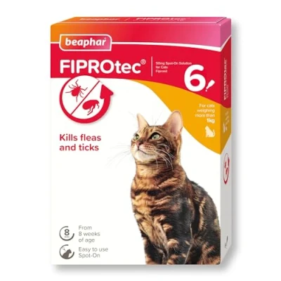 Image of Beaphar FIPROtec Spot On for Cats Kills Fleas &amp; Ticks Vet Strength Treatment Easy to Apply Suitable Kittens from 8 Weeks of Age, Weighing more than 1kg 6 Pipettes