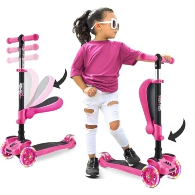 Image of 6 Wheeled Scooter for Kids Stand &amp; Cruise Child/Toddlers Toy Folding Kick Scooters w/Adjustable Height, Anti Slip Deck, Flashing Wheel Lights, Boys/Girls 2 12 Year Old Hurtle