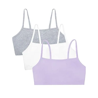 Image of Fruit of the Loom Women&#039;s Spaghetti Strap Cotton Pull Over 3 Pack Sports Bra, Opaque, Lilac Whisper/White/Grey Heather, 38 (Pack 3)