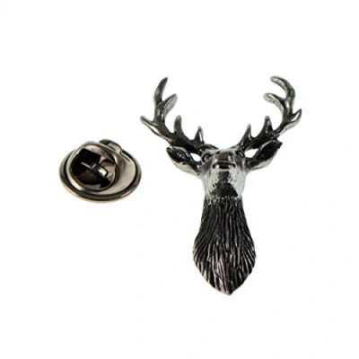 Image of Stags Head (Front View) English Pewter Lapel Pin Badge