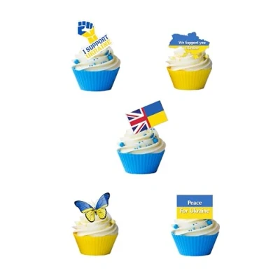 Image of Top That 24 Stand Up Ukrainian Ukraine Flag Support Edible Wafer paper Cake Cupcake Toppers