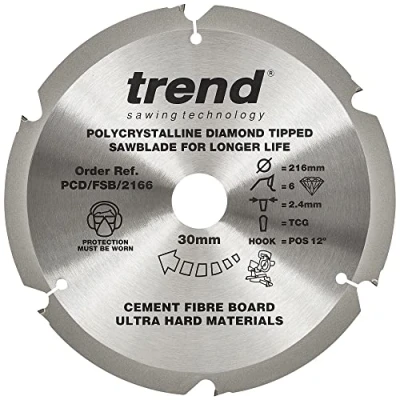 Image of Trend PCD Fibre Cement Circular Saw Blade, 216mm Diameter, 30mm Bore, 6 Teeth, 2.4mm Kerf, +12 Hook, PCD/FSB/2166