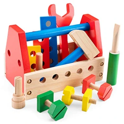 Image of New Classic Toys Wooden Tool Kit Educational and Color Perception Toy for Preschool Age Toddlers Boys Girls ref 0550