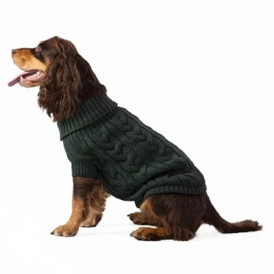 Image of HUGO &amp; HUDSON x HACKETT Cable Knit Pullover Dog Jumper, Warm Knitted Turtleneck Sweater, Green, XS