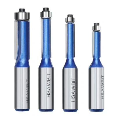 Image of hsawbit Router Bit Set, 4pcs Flush Trim Bits 1/2&quot; Shank, Cutting Dia. 1/4&quot;,5/16&quot;,3/8&quot;,1/2&quot;, Pattern Bearing Cut for Woodworking