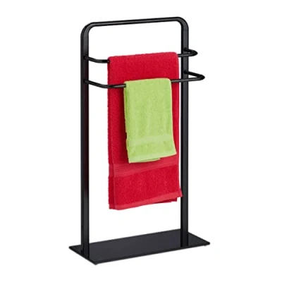 Image of Relaxdays Towel Rack, 3 Bars, HxWxD: 79 x 45 20 cm, for Bathroom or Kitchen, Free Standing Dryer, Steel &amp; Glass, Black, Alloy, 79.5 cm
