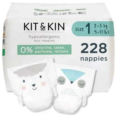 Image of Kit &amp; Kin Eco Nappies Size 1 Hypoallergenic and Sustainable (40 x 6 Packs, 240 Nappies)