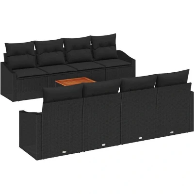 Image of vidaXL 9 Piece Garden Sofa Set with Cushions Black Poly Rattan Acacia