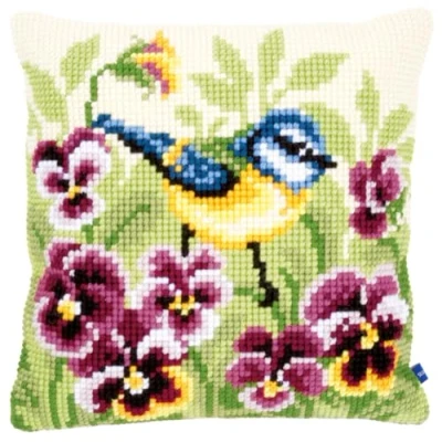 Image of Vervaco Cross Stitch Cushion: Blue Tit on Pansies, Multi Colour