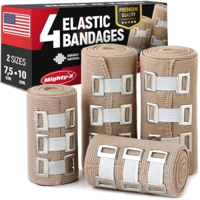 Image of Premium Compression Bandage 4pk (2x7.5cm + 2x10cm) +12 Extra Clips Durable Elastic Wrap Reusable Elasticated Stretches up to 4.6m Wrist, Ankle, Foot, Knee