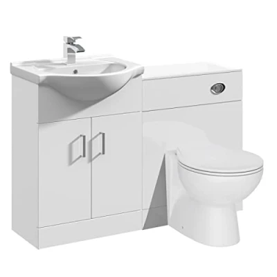 Image of VeeBath Linx 1150 Vanity Unit Furniture Set, Wash Basin Bathroom Sink, WC, BTW Toilet Pan, Soft Close Seat, Concealed Cistern White (Flat Pack)