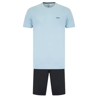 Image of Tokyo Laundry Mens Blue Cotton 2 Piece Short Sleeve Top And Jersey Shorts Loungewear Set Size Large