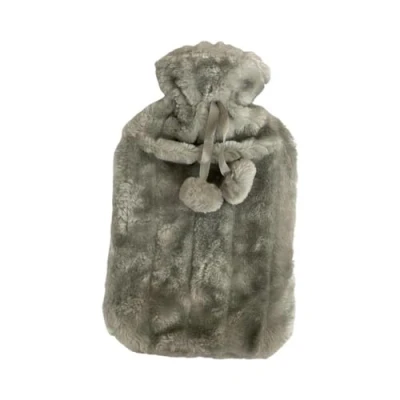 Image of Hot Water Bottle with Cosy Faux Fur Pom Cover Fluffy Super Soft Large 2 Litre (Grey)