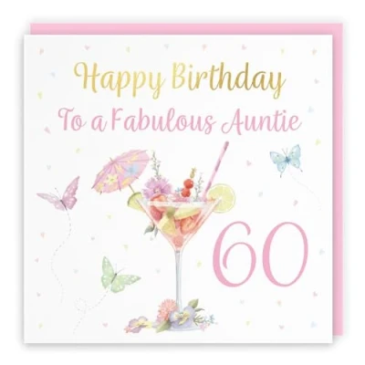 Image of Hunts England 60th Auntie Pink Cocktail And Butterflies Birthday Card Luxury Gold Foil Milo&#039;s Gallery Age 60 Drinks, Flowers, Hearts Elegant For Sixty