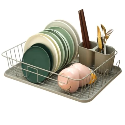 Image of Easylife Compact Single Tier Dish Drainer Rack (L43 x W31 H11cm). Durable Steel Drying Rack, with Drip Tray, Sink Cutlery Basket Fully Guaranteed