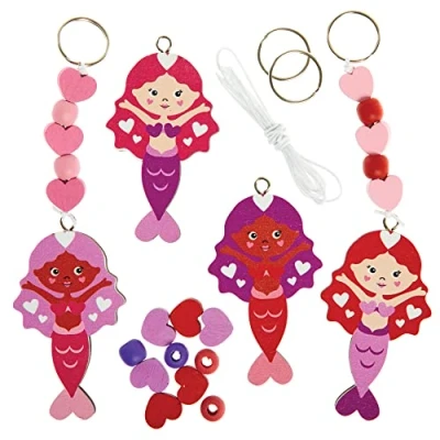 Image of Baker Ross FX445 Love Heart Mermaid Keyring and Bag Dangler Kits Pack of 4, Valentine&#039;s Day Craft Kit for Kids