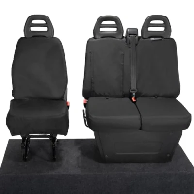 Image of UK Custom Covers SC235B EM Tailored Heavy Duty Waterproof Front Seat (Split Passenger Base) Black INCLUDES EMBROIDERY To Fit Iveco Daily 2014 2022