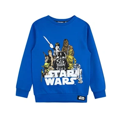 Image of Star Wars Sweatshirt for Boys Darth Vader Yoda R2D2 Chewbacca Jumper Kids Blue Age 6 to 7 Years