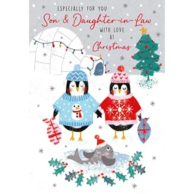 Image of Nigel Quiney Artistic Christmas Greeting Card Son &amp; Daughter in Law Penguin Couple Igloo With A Foil Finish