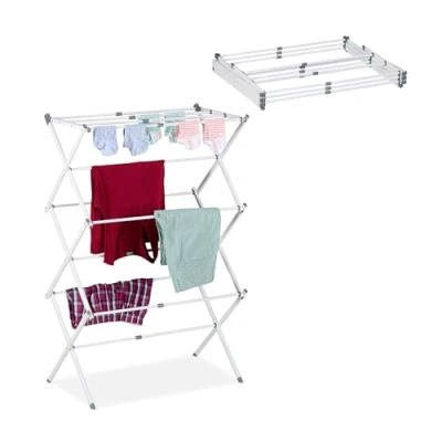 Image of Relaxdays Drying Rack for Clothing, Folding Laundry Airer, 11 Rods, 6 Tiers, HWD: 105x73x37 cm, Metal, Extendable, White