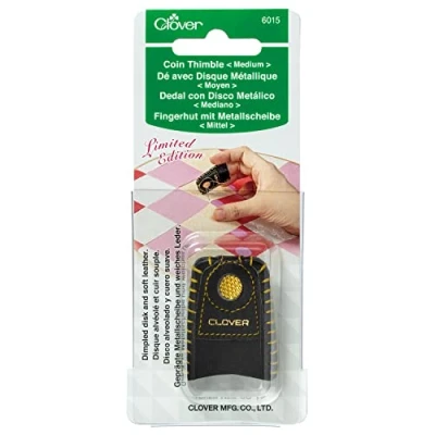 Image of Clover Coin, Gold Brass Disk, Soft Black Leather, Sewing Needle, Quilting Thimble, Medium