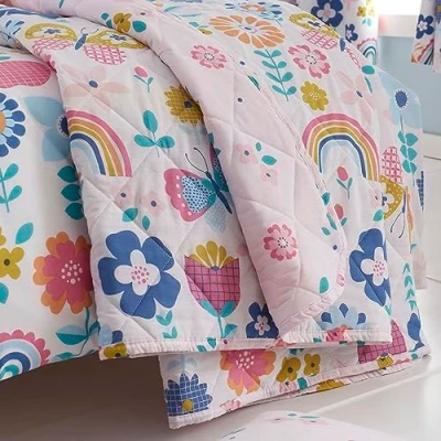Image of Happy Linen Company Girls Boys Kids Flower Garden Butterflies Multicolour 150 x 200 cm Reversible Quilted Throwover Throw Blanket