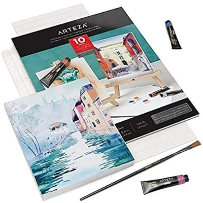 Image of Arteza Watercolour Paper Pad, Foldable Canvas 17.8 x 21.8 cm, 10 Sheets, Heavyweight, 140 lb, 300 GSM, Acid Free, 100% Cotton Pulp DIY Frames for Painting &amp; Mixed Media Art