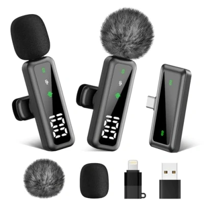 Image of Wireless Lavalier Microphone for iPhone, iPad, Android Phone,2 Pack Mini with Digital Display Noise Cancellation Video Recording,TikTok,YouTube,Vlog