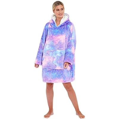 Image of Just Essentials Womens Kids Soft Fleece Hoodie Wearable Blanket Oversized Sweatshirt UK Seller Adults Galaxy Print One Size