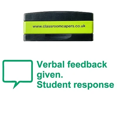 Image of Verbal Feedback given. Student response Self inking, Stakable Teacher Stamps, Pre inked for Marking. Green Ink