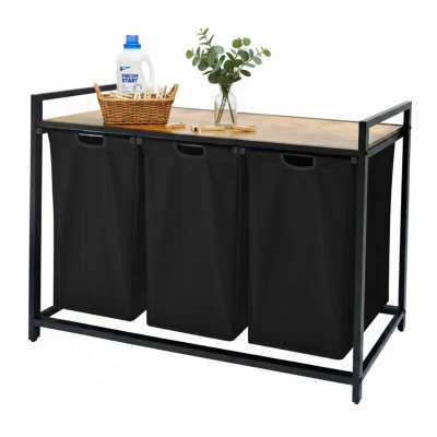 Image of Relaxdays laundry sorter with 3 removable bags, 150 L, wood effect shelf, H x W D: 73.5 109.5 33 cm, black/natural