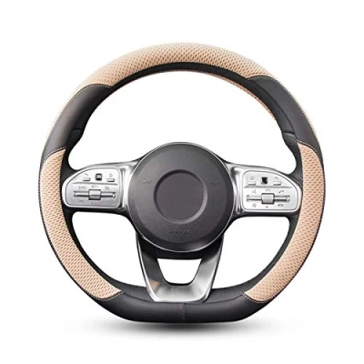 Image of Ergocar D shaped Sport Microfiber Leather With Breathable Polyester Car Steering Wheel Cover Non slip Protector Universal For Diameter 38cm(15&quot;) (Beige)