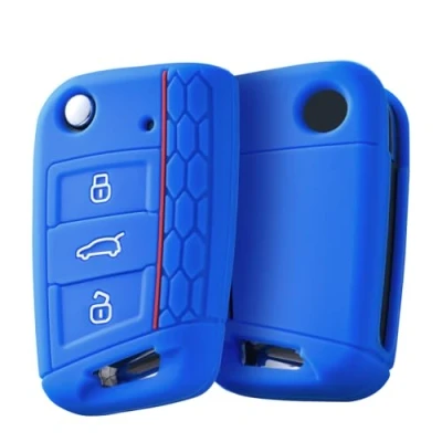 Image of OATSBASF Car Key Case for VW, Compatible with VW Golf 7 MK7，Silicone Case, Box Cover Polo, Skoda, Tiguan, 3 Buttons (G Blue)