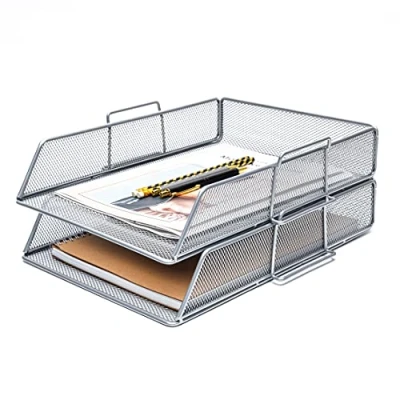 Image of EXERZ Letter Trays 2pcs Stackable Paper Sorter/Desk Organiser/File Tray for Desk Wire Mesh Metal File Rack Office, School, Home Study (EX63574 2SILVER)