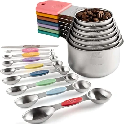 Image of Magnetic Measuring Cups and Spoons Set Including 7 Stainless Steel Stackable Cup 8 Double Sided with 1 Leveler for Dry Liquid Ingredients (Black) (Color)