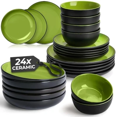 Image of MIAMIO 24 Piece, Service for 6 Dishware Set/Stoneware Dinnerware Set Including Plates, Soup Plates and Bowls Microwave &amp; Dishwasher Safe Le Papillon Collection (Green)