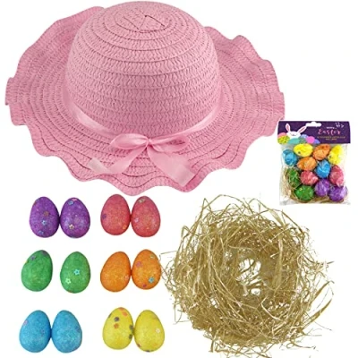 Image of 14PCS Easter Bonnet for Kids Eggs Grass Ribbon Straw Woven Colourful Decorative Hat Ideal to Decorate School Parade Celebrations Boys Girls Reusable Accessory