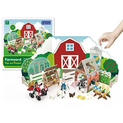 Image of PLAYPRESS Farmyard Pop out Playset Eco Friendly Building Toys One of the UK&#039;s Most Popular Farm Easy Storage Construction for Ages 4+
