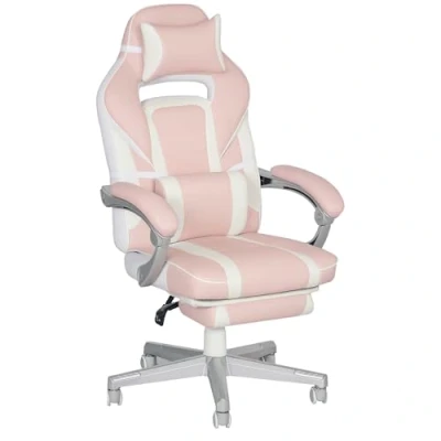 Image of HOMCOM Gaming Chair with Footrest, PU Leather Computer Chair, Swivel Game 150 Reclining Back and Lumbar Support for Adults, Pink