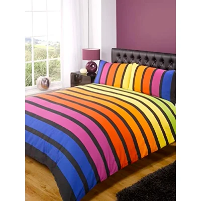 Image of Rapport SoHo Multi Stripe Duvet Cover Quilt Bedding Set, Blue Purple Orange Yellow Green, Double Size Bedroom Bed Linen