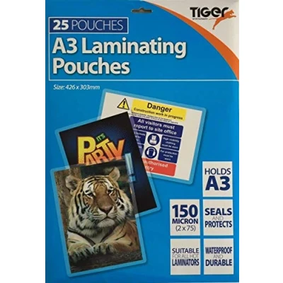 Image of Tiger A3 Laminating Pouches 150 microns Pack of 25