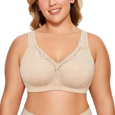 Image of Delimira Women&#039;s Non Wired Bras Full Coverage Cotton Comfort Bra Plus Size Padded Soft Oatmeal Heather 46C