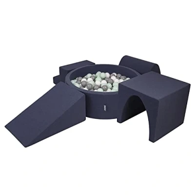 Image of KiddyMoon Foam Playground For Kids With Round Ballpit (300 Balls ∅ 7Cm/2.75In) Soft Obstacles Course And Ball Pool, Made In EU, Darkblue:White/Grey/Mint