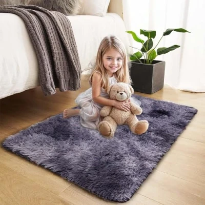 Image of Hafaa Rugs Living Room Bedroom Fluffy Shaggy Dark Grey Area Non Slip Modern Super Soft Thick Pile Plush Carpet Shedding Easy To Clean Rug (60cm x 110cm, Tye Dye Grey)