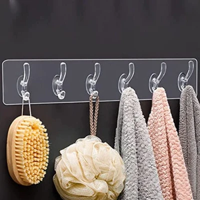Image of GINGER TECH Multifunctional Transparent 6 Hooks, Adhesive Row Hooks Wall Heavy Duty Self Drill Free Kitchen Bathroom Waterproof (3PCS)