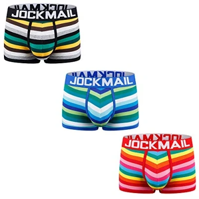Image of JOCKMAIL 3PCS/PACK Men Boxers Underwear Cotton Mens Rainbow Stripe Comfortable Boxershorts (X Large, Blue+Black+Red)